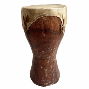 Vintage African Small Drum Leather Topped Musical Instrument Wooden Decor Carved Carving Sculpture Wood Tribal Art c1980&#39;s / EVE de France