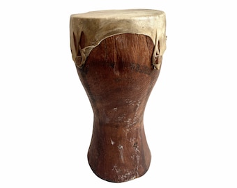 Vintage African Small Drum Leather Topped Musical Instrument Wooden Decor Carved Carving Sculpture Wood Tribal Art c1980's / EVE de France