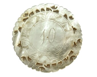 Antique Chinese INDIVIDUAL Mother Of Pearl Lattice Edged Circular Round Gaming Chip Counter Token Engraved Chips Game Tokens c1850s / EVE