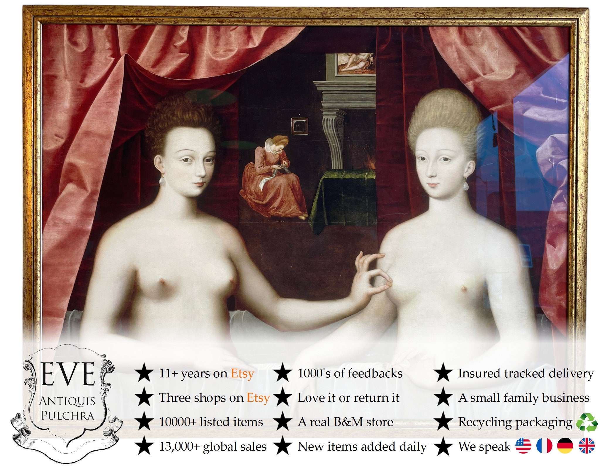 Vintage Français Imprimé Encadré Ecole de Fontaine Blean Gabrielle d'estees Dans Un Décor Mural en B