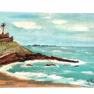Vintage French Granville Casino Hotel Seaside Coastal Harbour Sea Boat House Seaside Oil Painting On Canvas Wall Decor circa 1979&#39;s / EVE