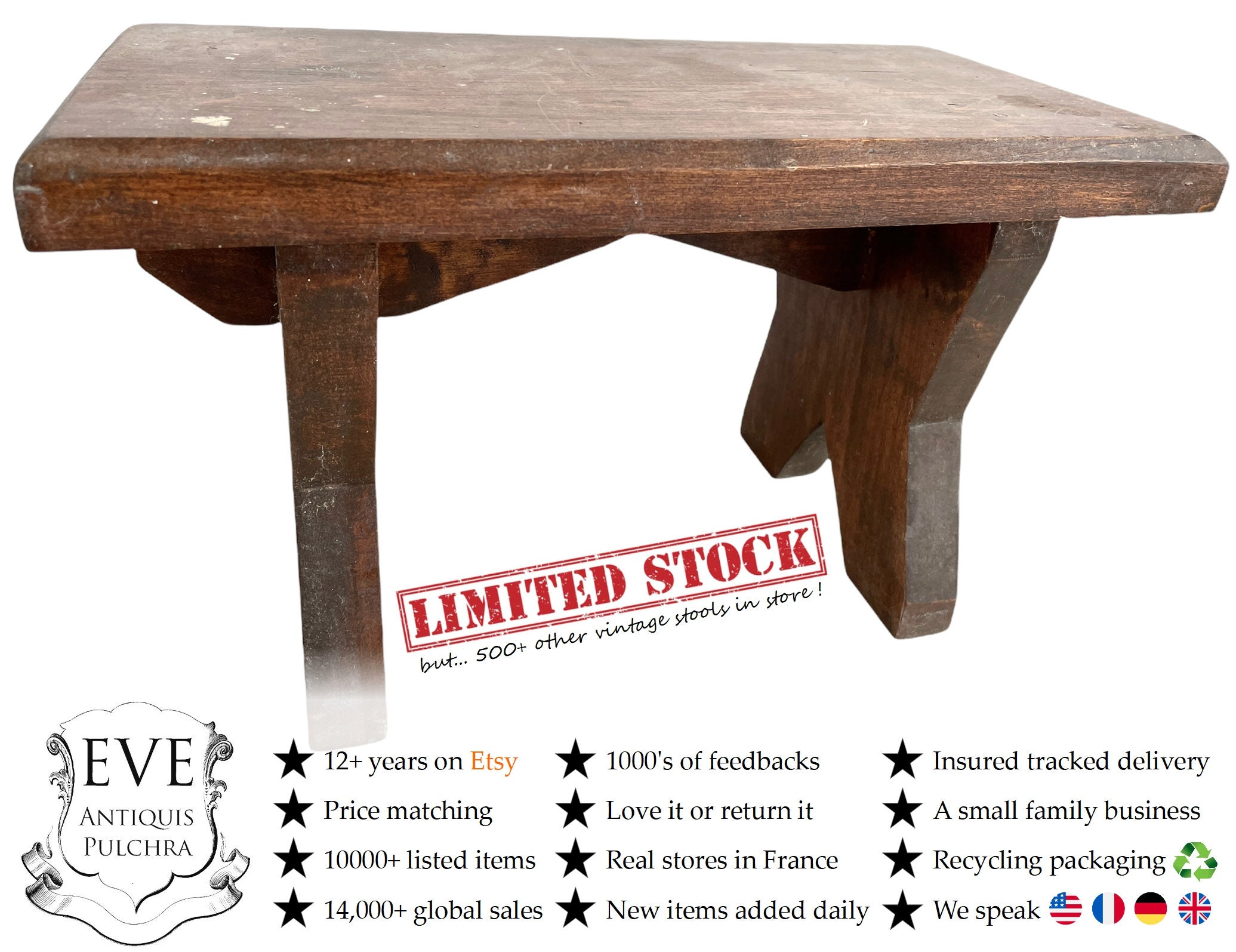 Vintage Français Banc Tabouret Step Bois Marron Naturel Petit Stand Chaise Affichage Repose-Pieds Pl