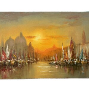 Vintage Italian Venice Coastal Sunset Sailing Fishing Boats Painting Oil Skyline Marina Harbour Coast On Canvas Mafonso circa 1980&#39;s / EVE