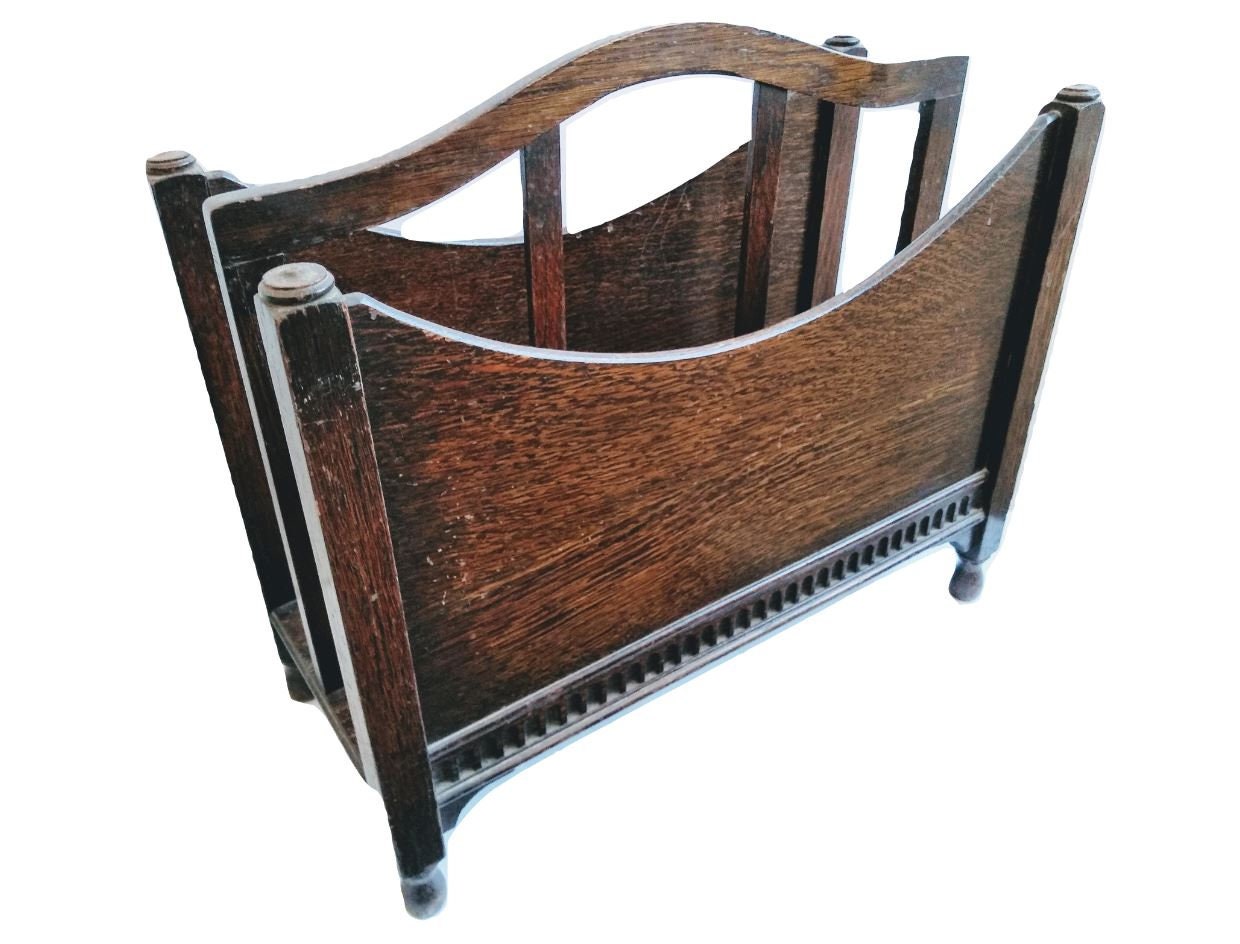 Vintage Français Wooden Natural Varnished Wood Magazine Newspaper Rack Storage Stand Display Cabinet