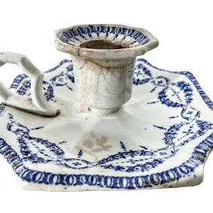 Antique French Ceramic Handled Portable Chamber Candle Candlestick Lighting Decor Carrying Carry Display c1880&#39;s / EVE
