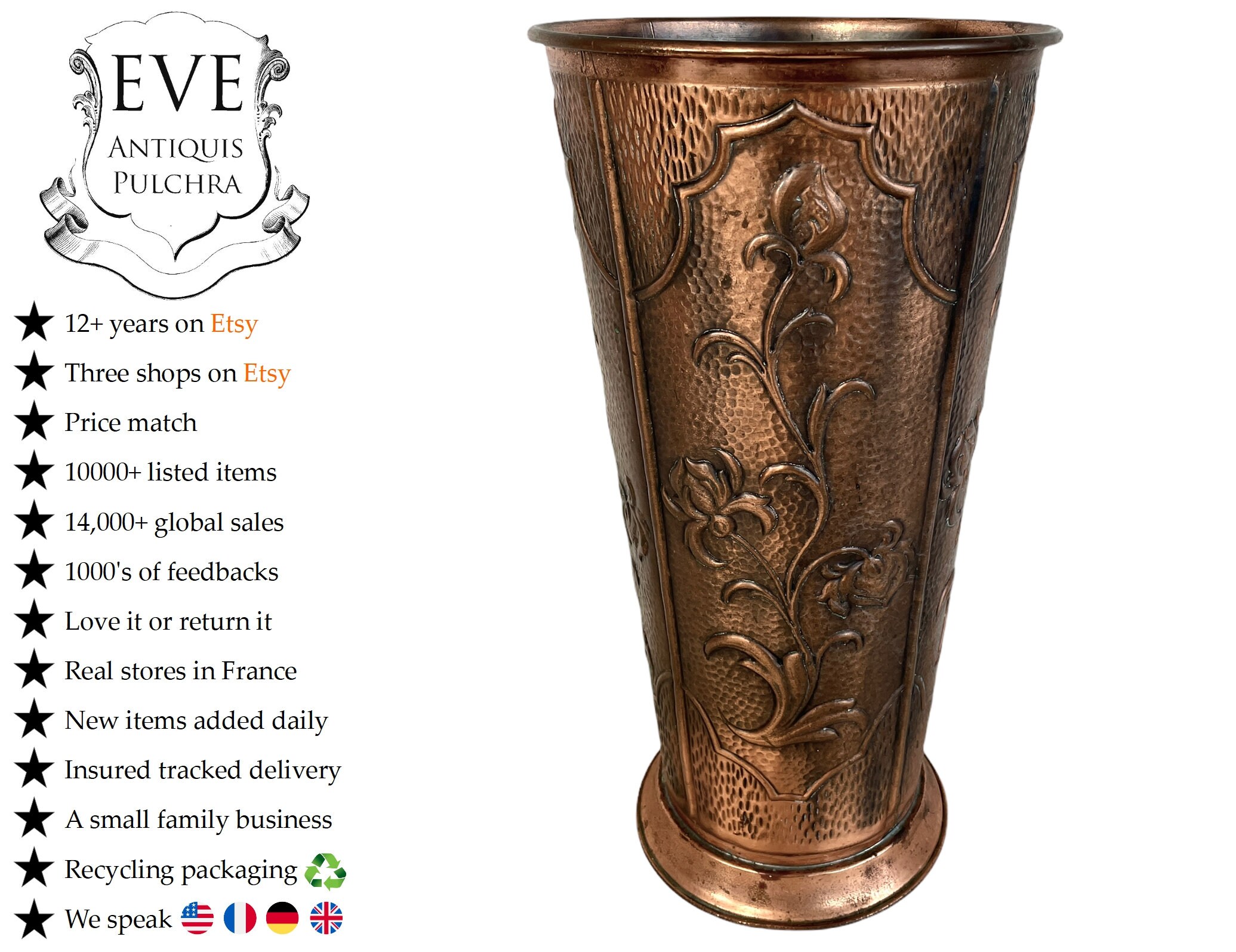 Vintage Français Cuivre Laiton Parapluie Walking Stick Stand Conteneur Pot Porte Couloir Décor Vesti