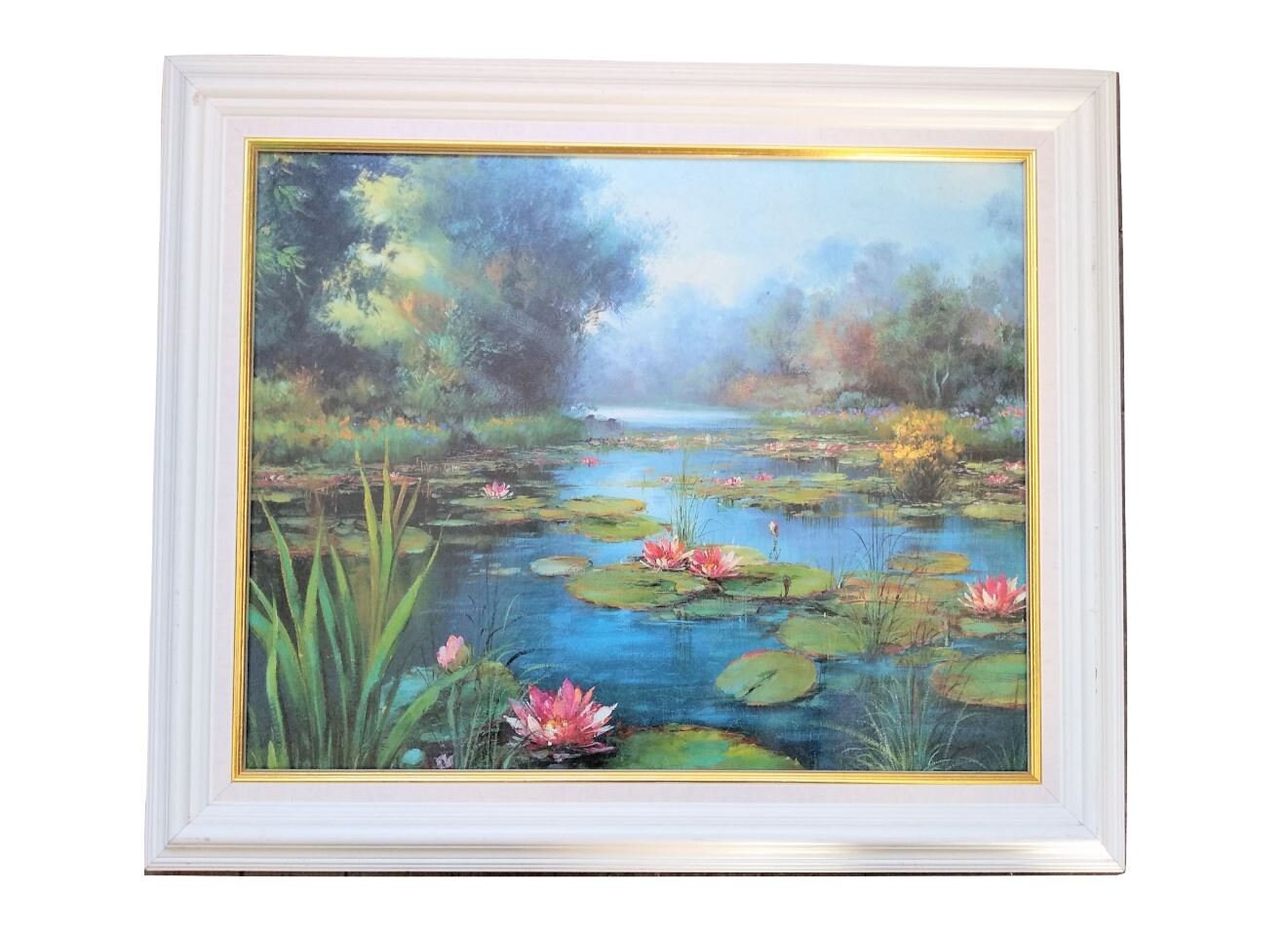 Vintage Français Large Framed Faux Canvas Feel Art Print Of A Pond River Lake Scene With Lilies in F