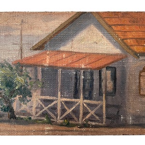 Antique French House Porch &quot;Past Haven&quot; Oil Painting On Wood Board Wall Decor Decoration c1910&#39;s / EVE