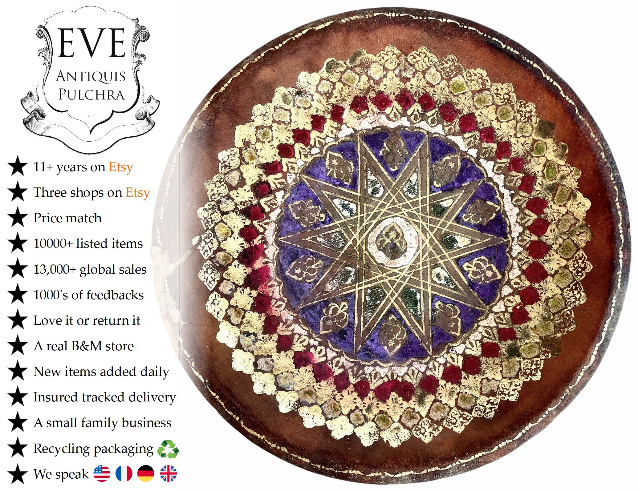 Vintage Tunisien Marocain Cuir Gaufré Topped Serving Bowl Dish Plate Wall Hanging Ornament Decor Des