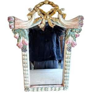 Vintage French Large Ornate Gold Wall Hanging Mirror Wood Gift Glass Mirror Decorative Cloakroom Ribbon Fruit circa 1980-90&#39;s / EVE