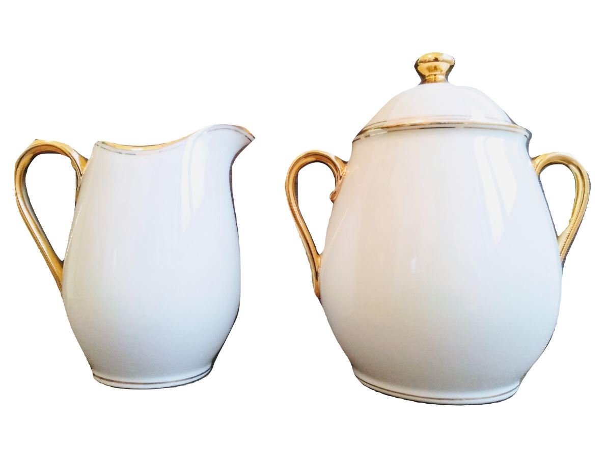 Français Vintage Limoges Porcelain White Gold Sugar & Pot Creamer Set Pourer Jug Container Decor Sto