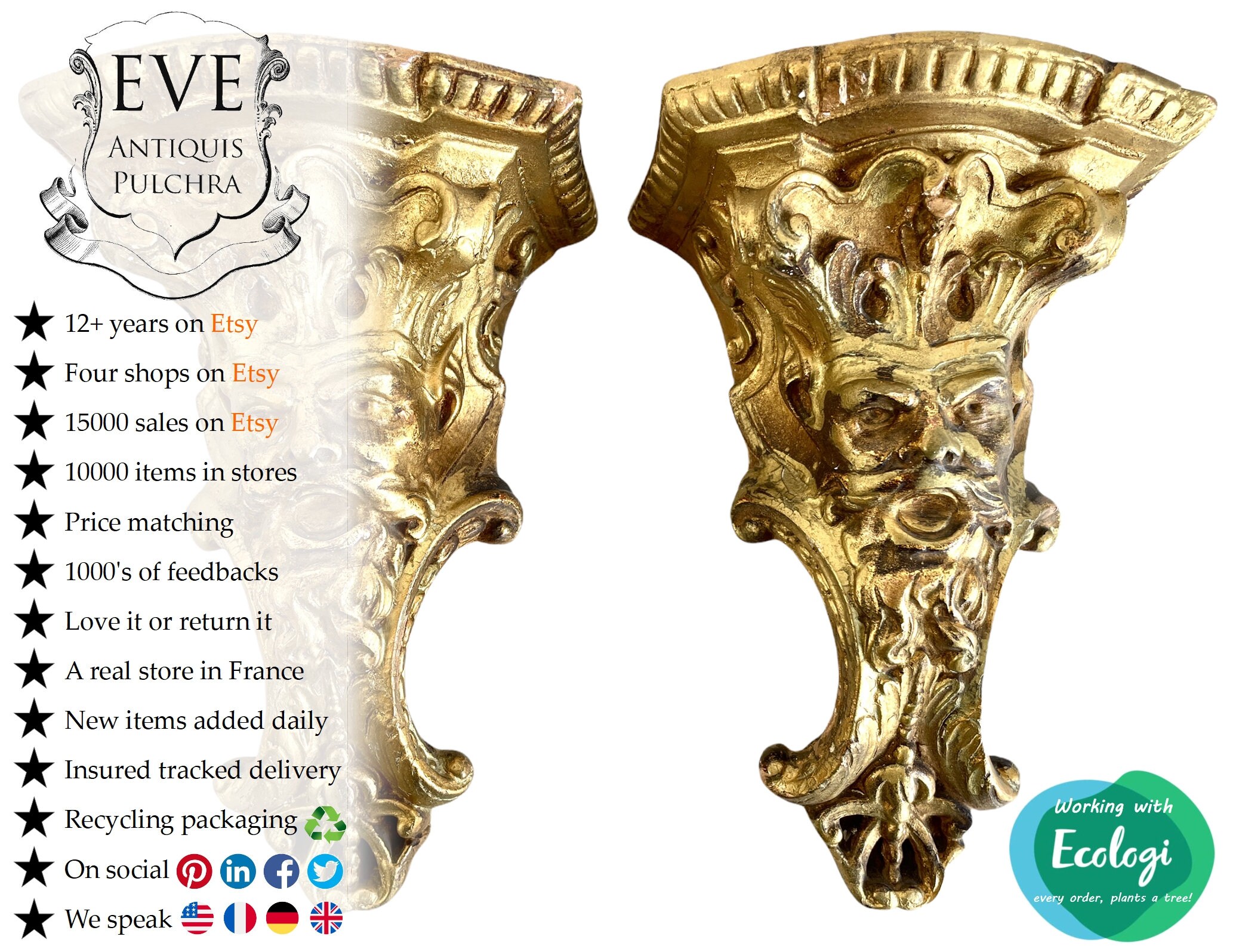 Antique Français Petite Étagère Florentine Style Or Plâtre Ornellement Décoré Gothique Face Mur Accr