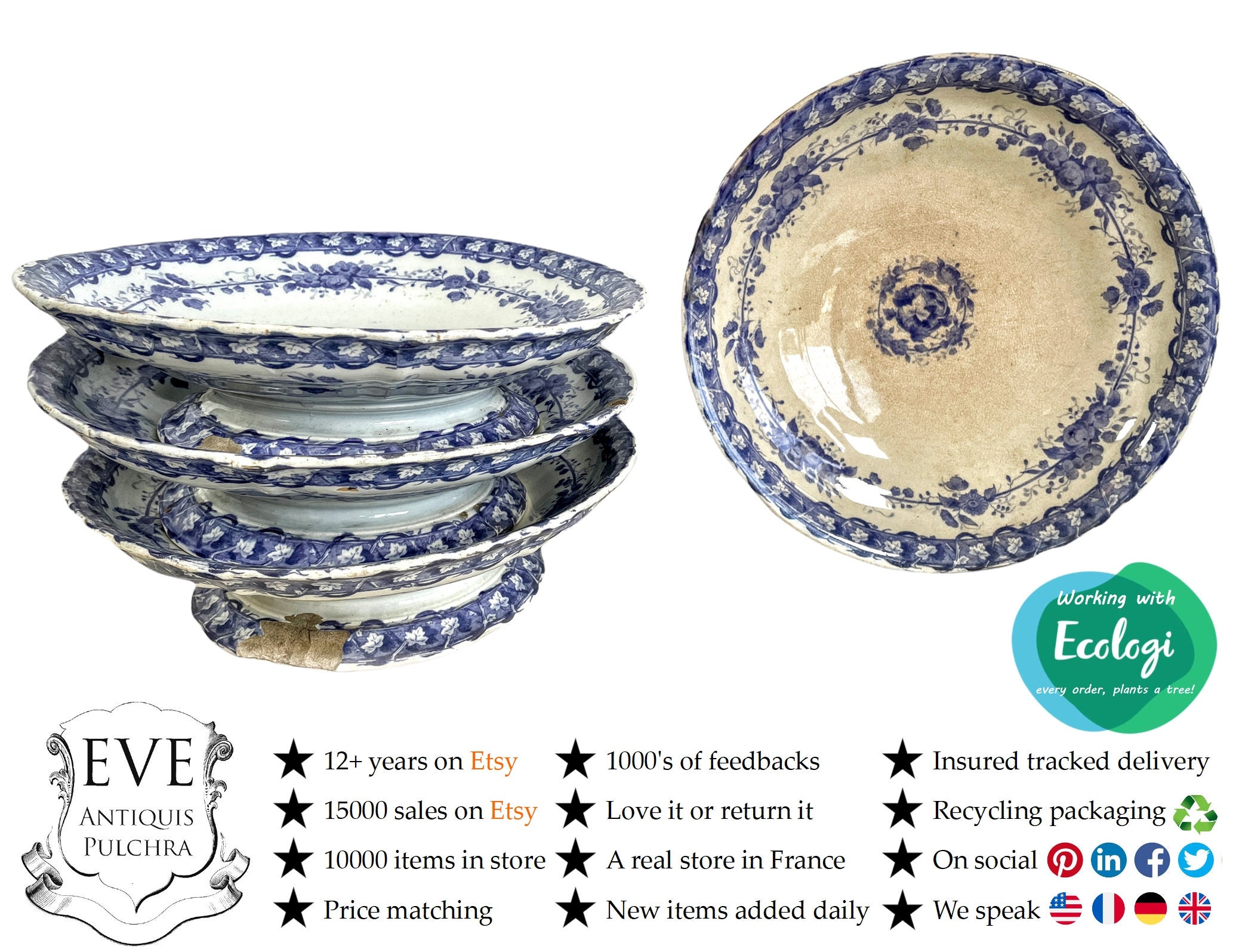 Antique Français Blue White Ceramic Bowl Dish Plate With Damage Chips Chippy Prop Prix Individuel C1