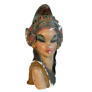 Vintage Balinese Woman With Long Hair Decorative Plaster Lamp Stand Base Light Ornament Statue Figurine Asian c1950-60&#39;s / EVE de France
