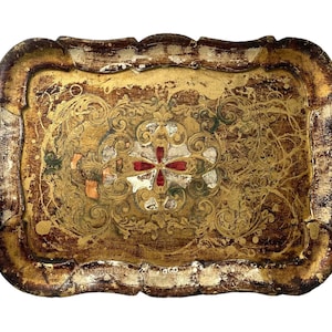 Vintage Italian Tray Florentine Florence Gold Wood Ornately Decorated Small Serving Lap Decoration Rectangular c1950&#39;s / EVE