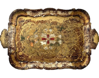 Vintage Italian Tray Florentine Florence Gold Wood Ornately Decorated Small Serving Lap Decoration Rectangular c1950's / EVE