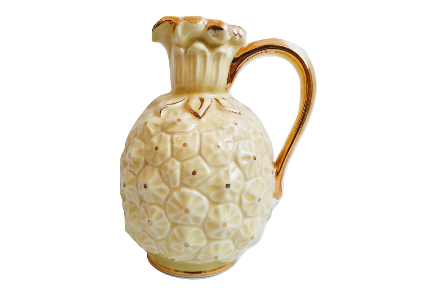 Vintage Français Ananas Manipulé Or Jaune Céramique Pot Vase Jug Pitcher Decanter Container Storage 