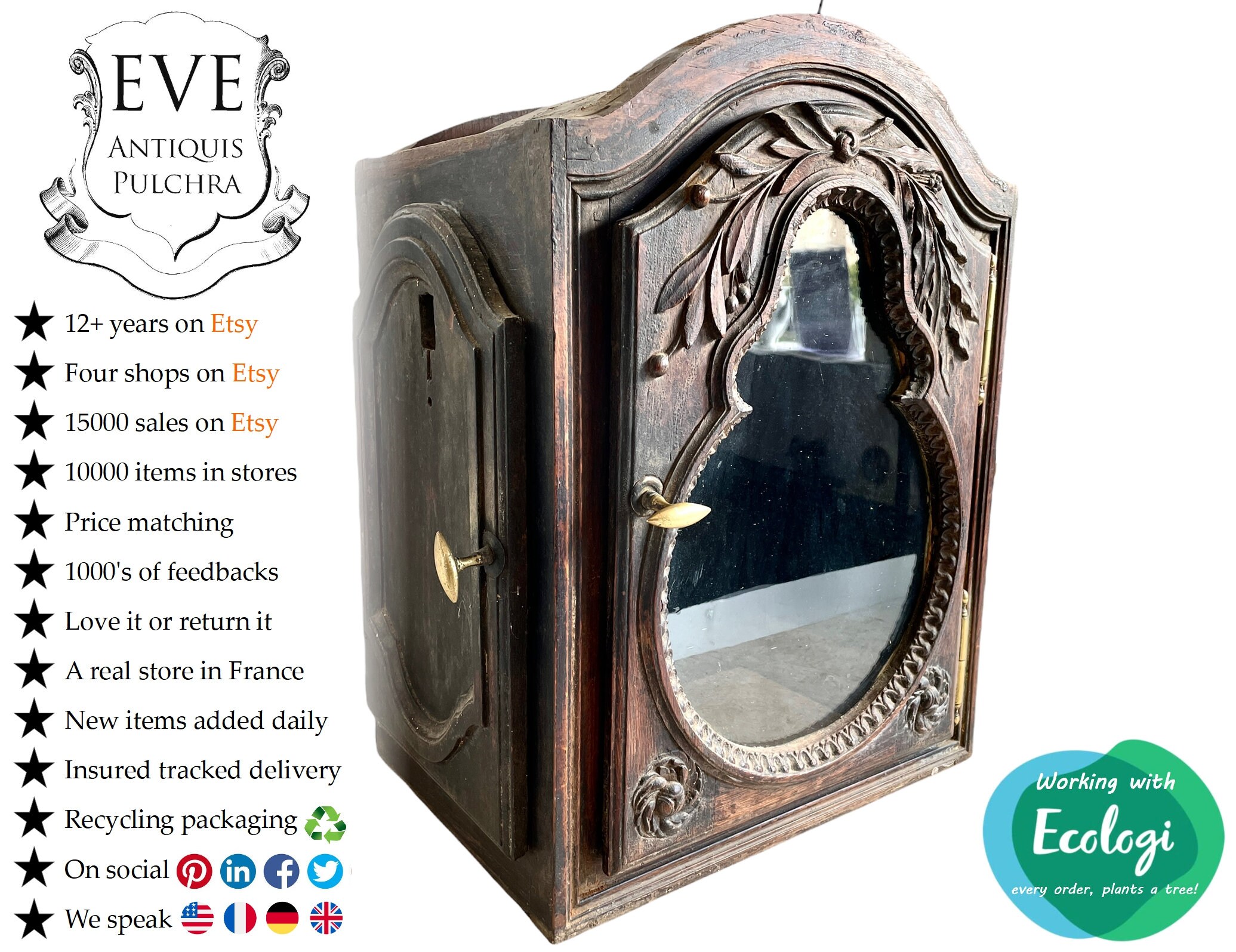 Antique Français Grand-Père Horloge Top Case Marron Bois Mur Suspendu Placard Rangement Coffre en Ve