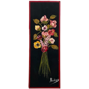 Vintage French Still Life Bunch Of Flowers Pink Study Oil Painting On Board circa 1970&#39;s / EVE