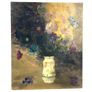 Vintage French Still Life Flowers Poppies In Vase Purple Blue White Study Oil Painting On Wood Board Signed circa 1970-80&#39;s / EVE