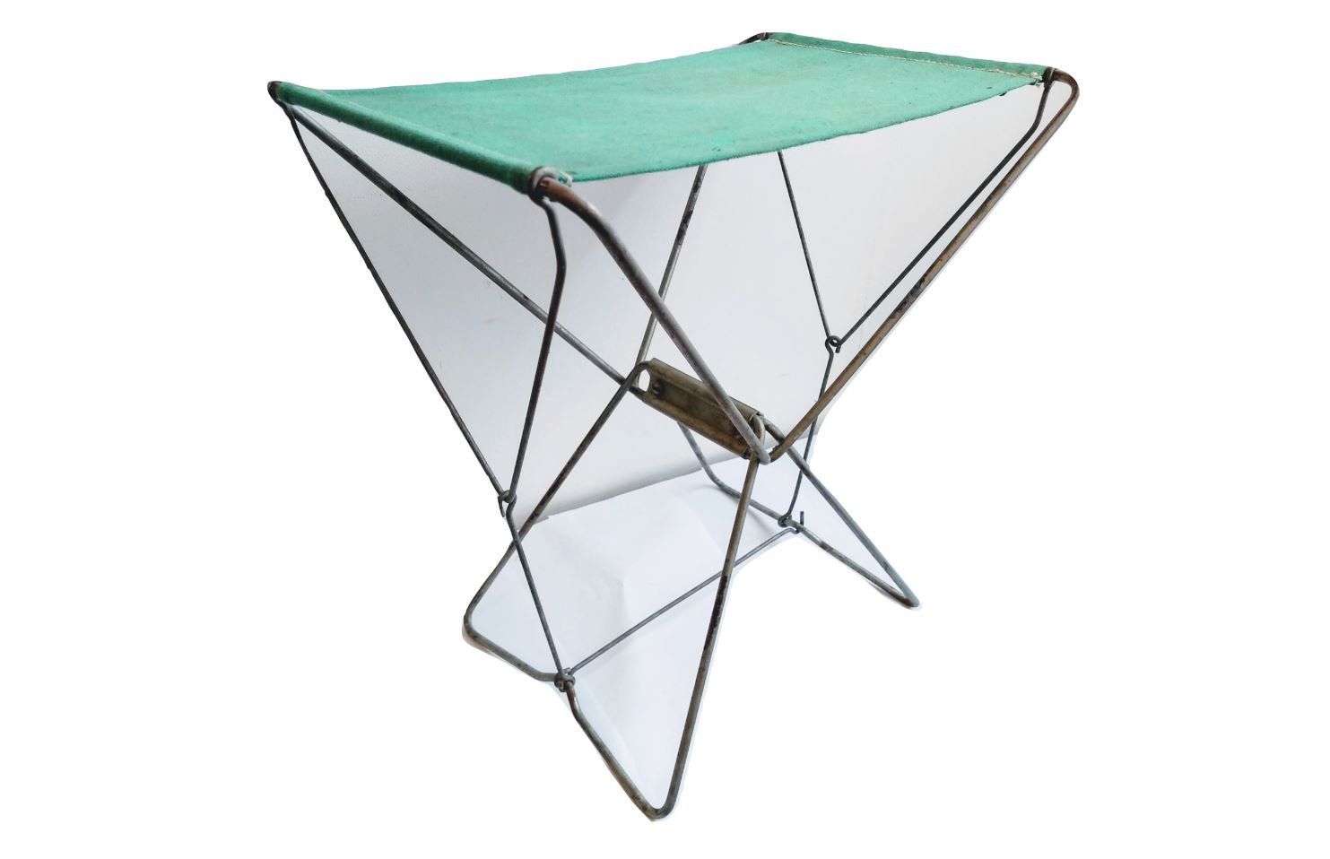 Vintage Français Vert Argent Métal Toile Camping Tabouret Pliant Chaise Stand Affichage Repos Socle