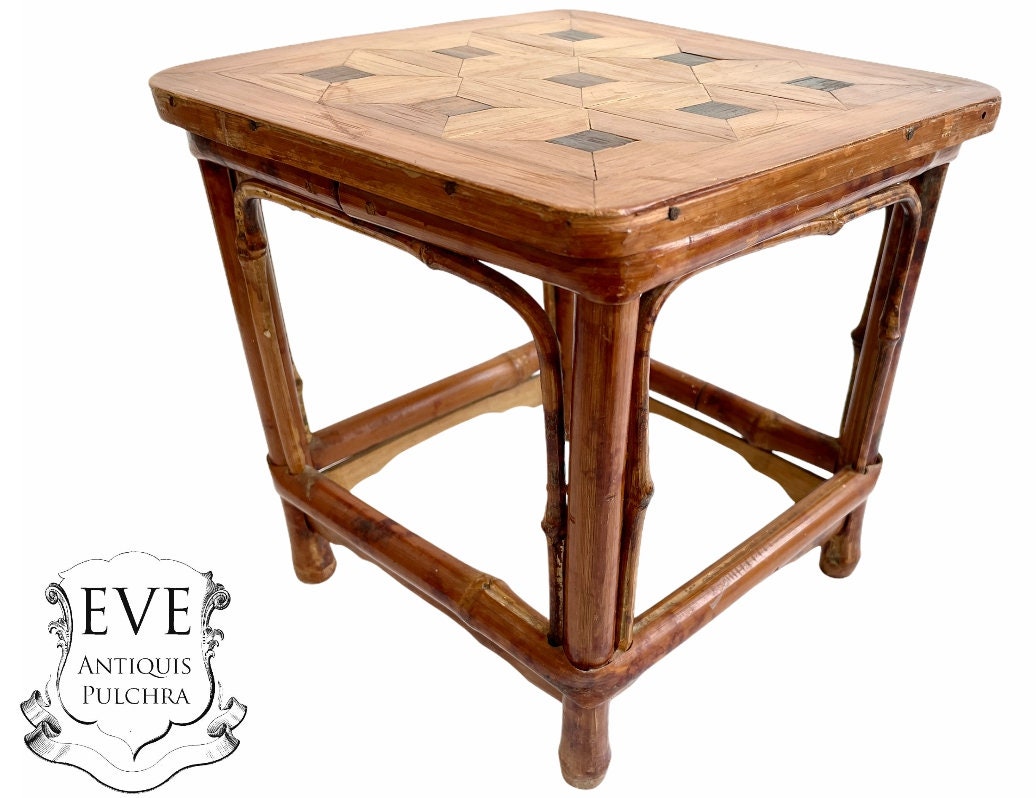 Vintage Asian Cane Bamboo Small Tiny Wooden Brown Wood Table Plant Stand Display Rest Plinth Seating
