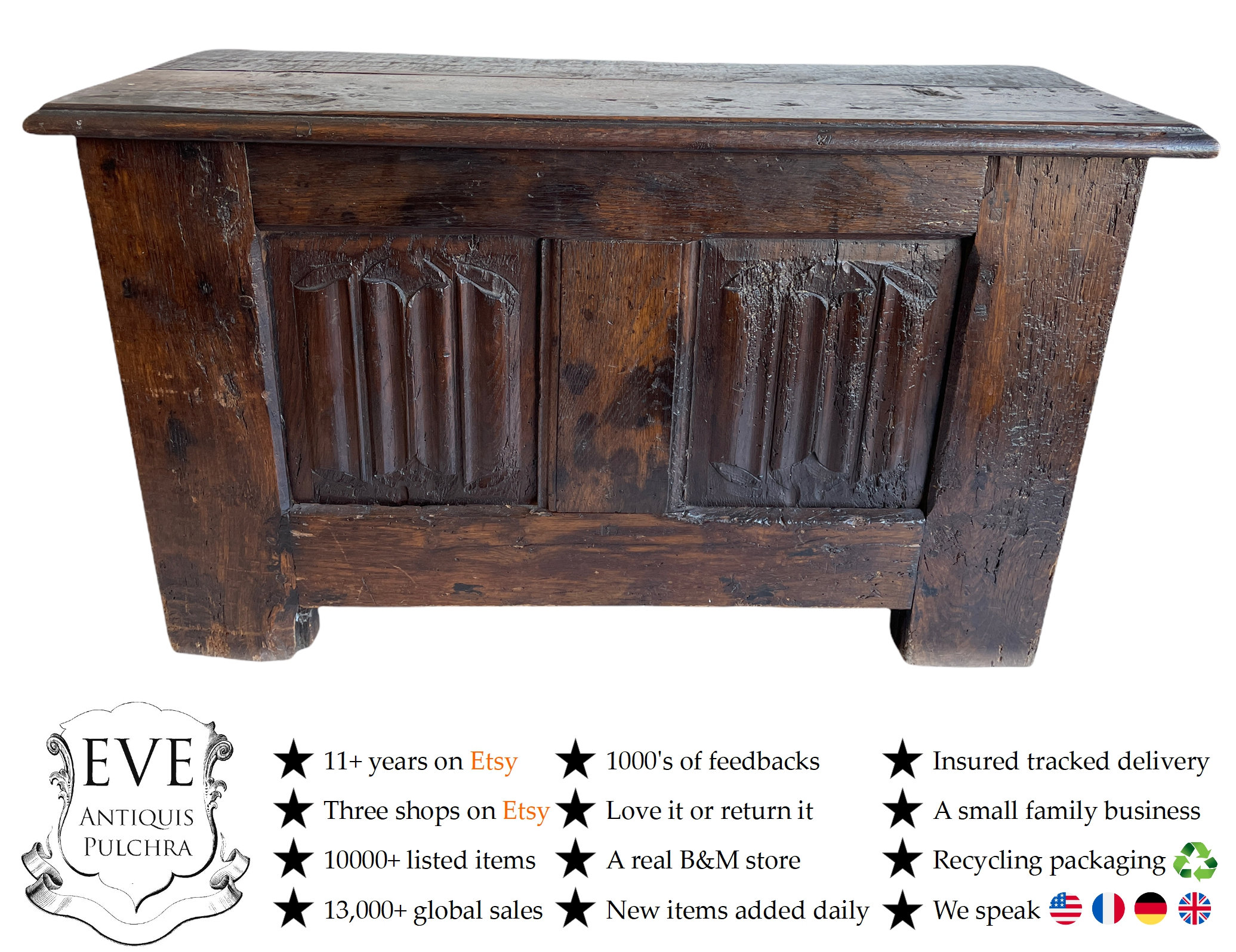 Antique Français Grand Bois Lourd Boîte Coffre Primitif Conteneur de Rangement Couvercle Armoire Ban