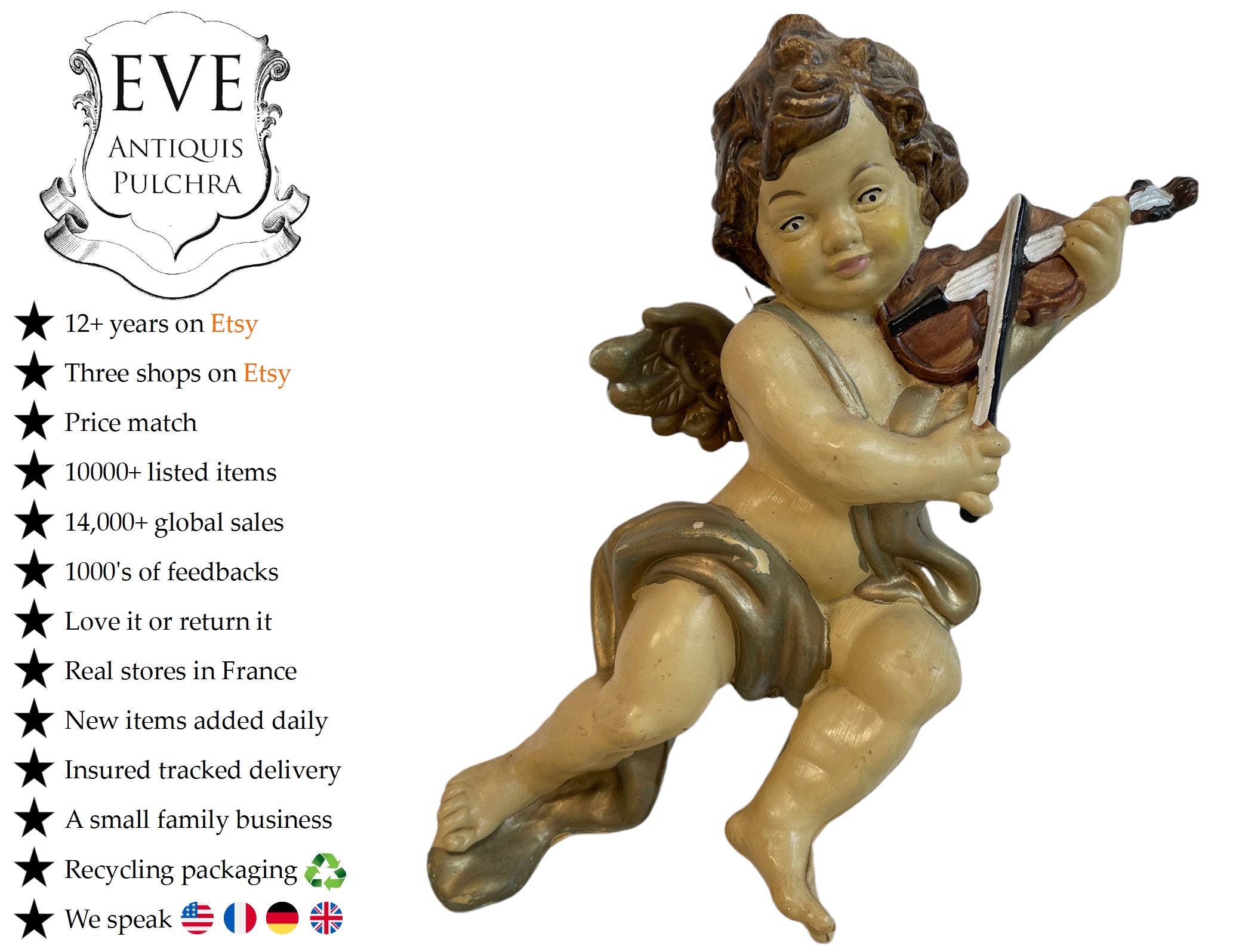 Vintage Chinese Wall Hanging Cherub Angel Putti Playing Violin Display Stand Decor C1960-70's/Eve de