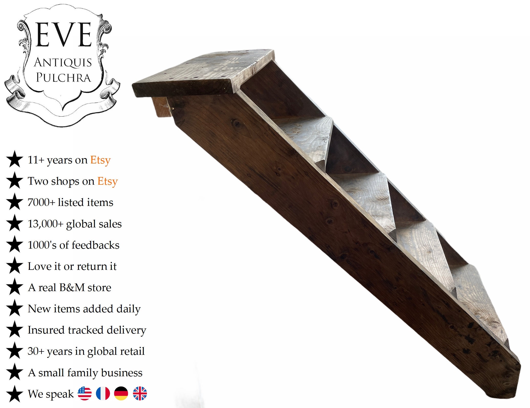 Vintage Français Grand Lourd Bois Marron Marches Escalier Rest Support Naturel Période de Repos Prop