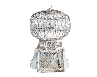 vintage marocain blanc bleu bois métal chanson cage à oiseaux volière collectionneur gardien accessoire historique décor traditionnel c1960-70's / EVE de France