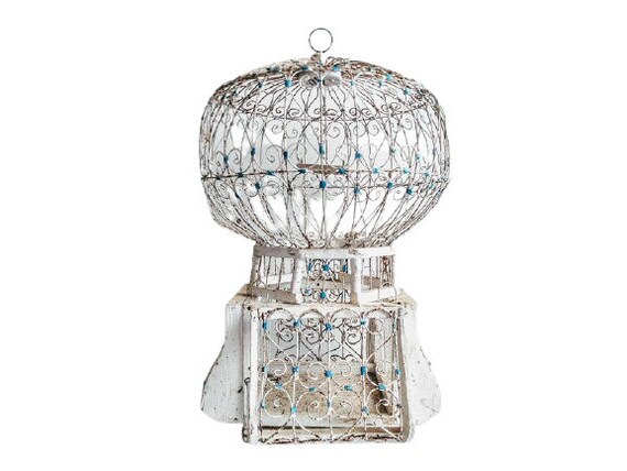 Vintage Moroccan White Blue Wood Metal Song Bird Cage Aviary