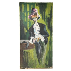 May include: A painting of a woman wearing a pink and white hat and a black jacket. She is standing in front of a green background and holding a black object in her hand. The painting is signed "Hurst" in the bottom right corner.