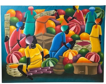 Vintage Haitian Large Abstract Art Crowd Market Food Acrylic Painting On Canvas Tropical Bright Red Signed c1980-1990's / EVE
