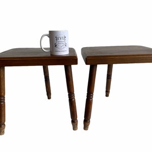 Vintage French Square D Stool Traditional Milking Wooden Brown Wood Small Chair Stand Display Plinth Seating Pot Tabouret c1950-60&#39;s / EVE