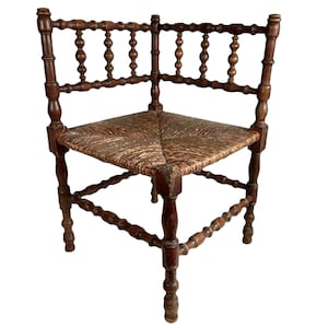 Vintage French Wooden Brown Wood Woven Raffia Work Bobbin Corner Chair Stand Display Rest Plinth Seating Tabouret c1930-1940&#39;s / EVE