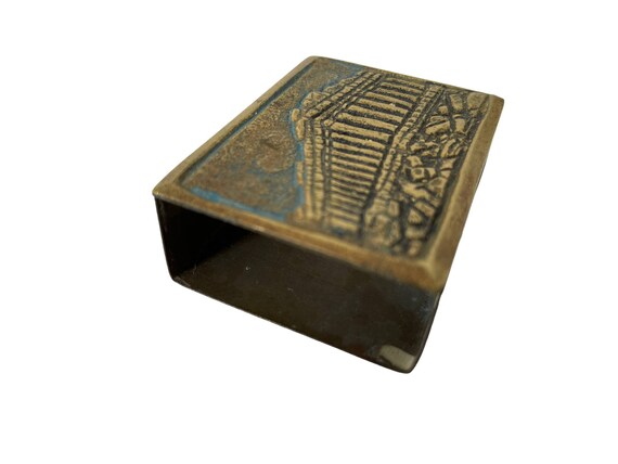 Vintage Greek Ornate Bronze Brass Metal Acropole Small Match Box Matchbox  Cover Decor Gold Smoker Tobacciana Fireplace C1930-40's / EVE