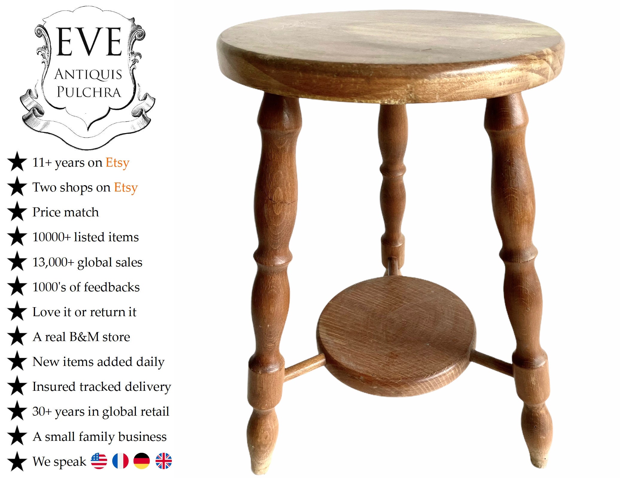 Vintage Français Medium Height Tabouret en Bois Stand Marron Foncé Bois Pot de Fleurs Ornement Plant