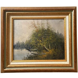 Vintage French Countryside River Punt Boat Oil Framed Original Art Painting On Canvas circa 1970-80&#39;s / EVE