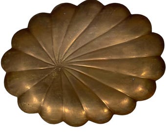 Vintage French Brass Lotus Leaf Or Shell Like Shaped Oval Display Or Serving Tray Dish Platter Decorative circa 1950's / EVE