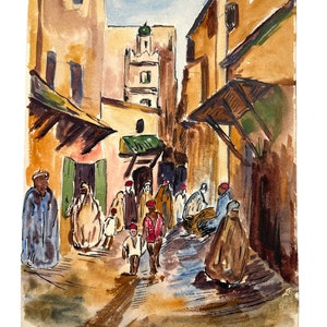 Vintage Moroccan Street Scene Houses Buildings Small Watercolour Painting Wall Decor circa 1980's / EVE