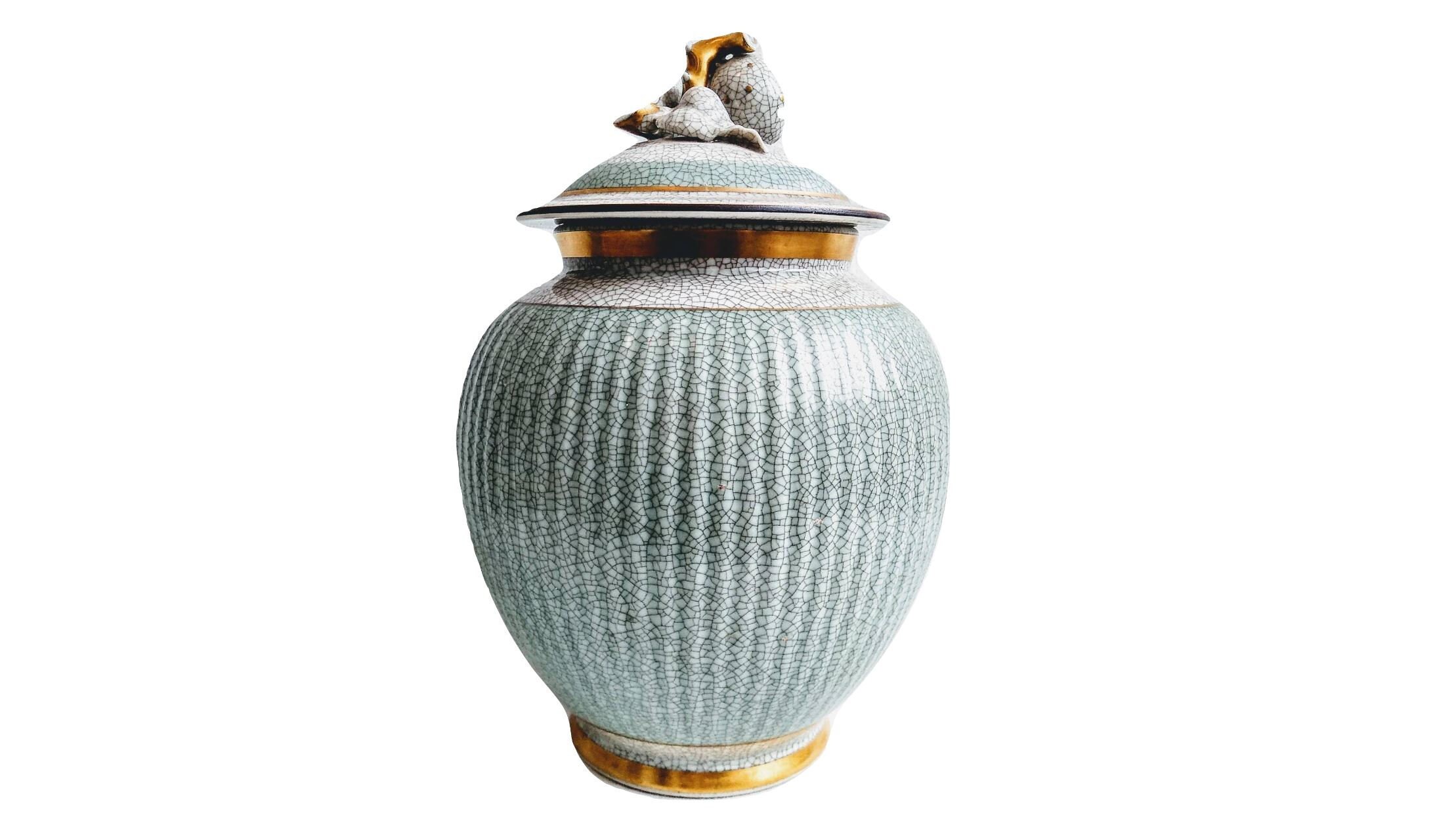 Vintage Danois Royal Copenhagen Danemark Craquelure Céramique Vert Blanc Or Apothecary Pot Vase Cont