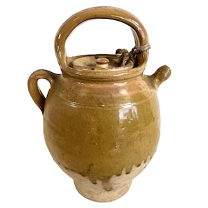 Antique French Garoulette Handled Pottery Water Oil Wine Cider Pot Vase Jug Pitcher Container Storage Display Prop c1910&#39;s / EVE