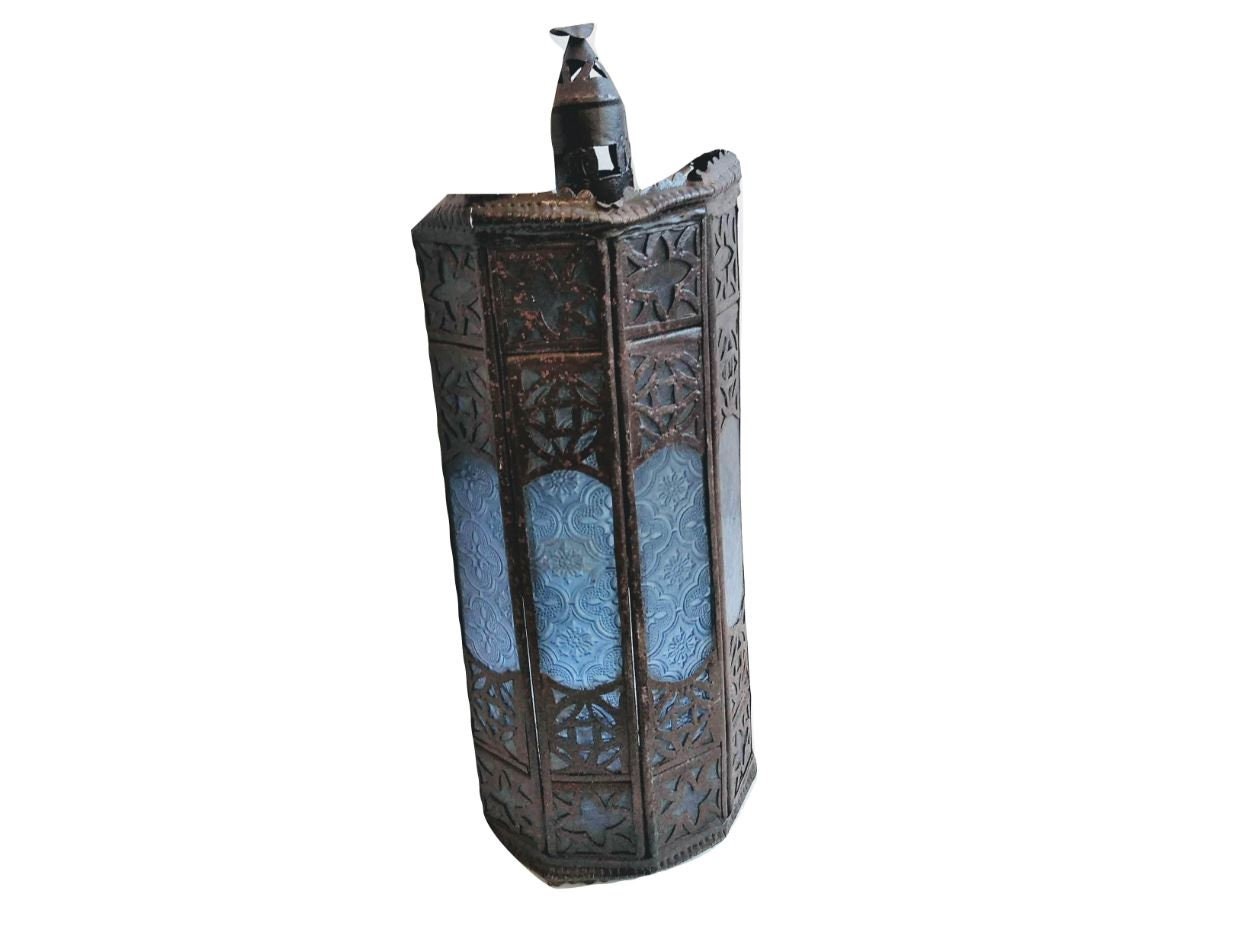 Vintage Marocain Tunisien Fortement Terni Rusty Wall Suspendu Bougie Blue Lamp Shade Lampshade Desig