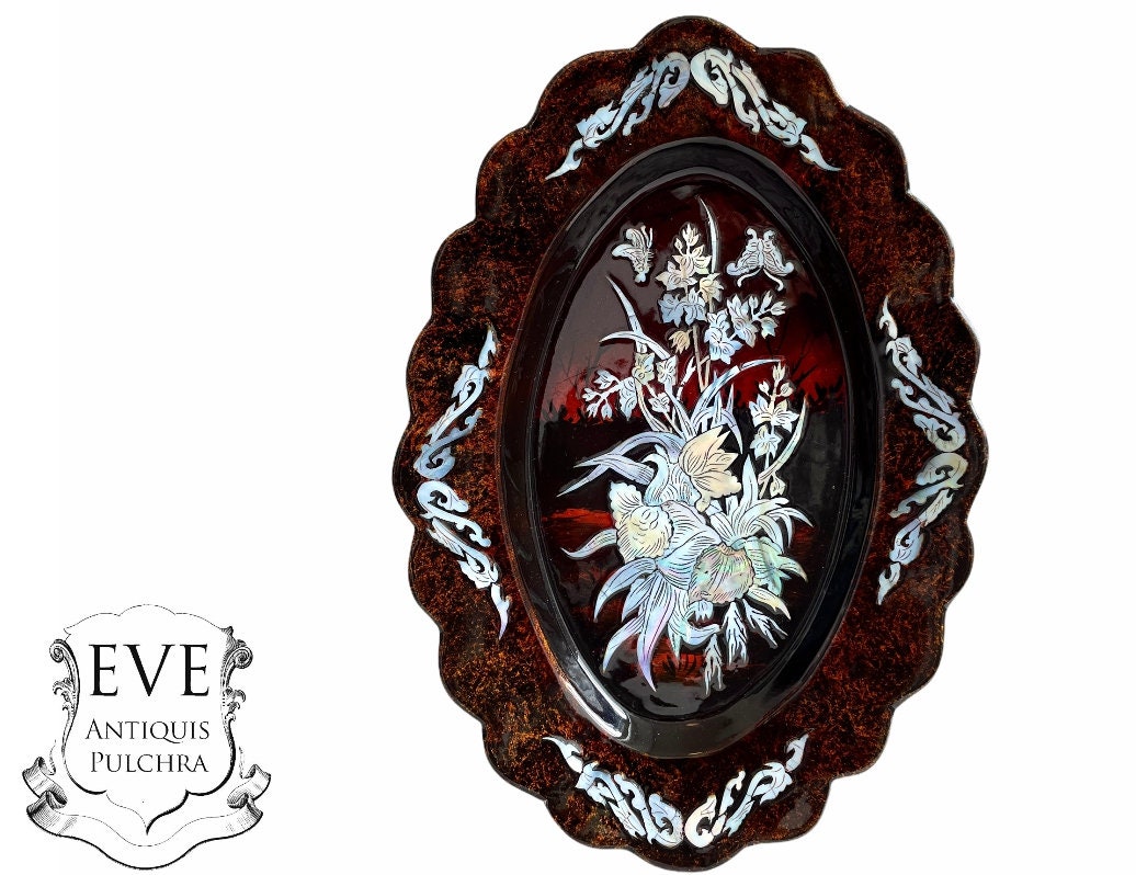 Vintage Thaï Asiatique Laqué Incrusté de Nacre Décorée Murale Accrochage Mural Plat Décoratif Bibelo