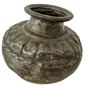 Antique African Grey Metal Case Jug Pot Storage Container Figurine Ornament Primitive Tribal Art Dented Bashed c1920&#39;s / EVE