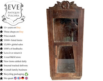 Antigua caja de reloj de madera francesa marrón madera natural pared colgante armario almacenamiento pecho vidrio frente vitrina c1910-20's / EVE
