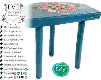 Vintage Stool French Traditional Hand Painted Flowers Blue Small Milking Wood Chair Plant Pot Stand D Seat Shaped Tabouret c1970-80's / EVE