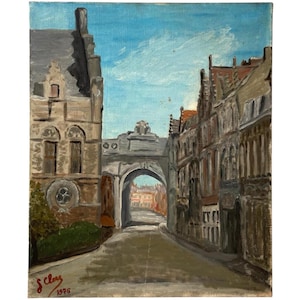 Vintage French Town Gate Acrylic Original Art Painting On Canvas Signed Clers circa 1976 / EVE