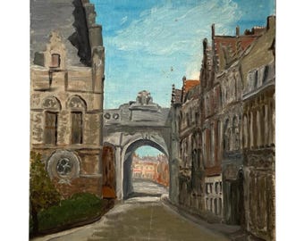 Vintage French Town Gate Acrylic Original Art Painting On Canvas Signed Clers circa 1976 / EVE