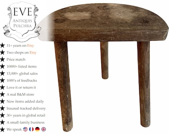 Vintage französischer D-Hocker Traditioneller kleiner Melken aus braunem Holz Kleiner Stuhlständer Display Sockel Sitztopf Tabouret c1970er Jahre / EVE